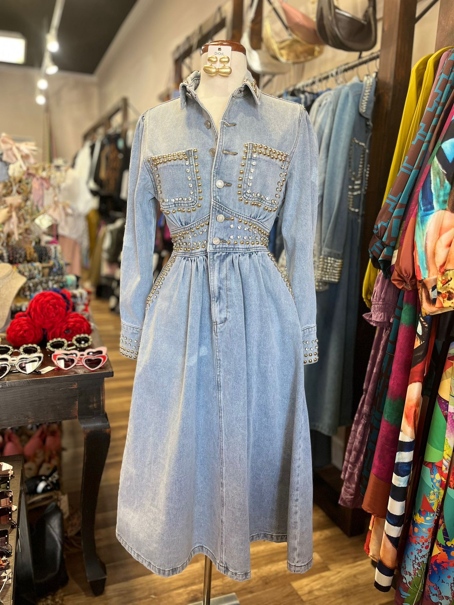 JEAN DRESS WITH SILVER AND GOLD DECORS