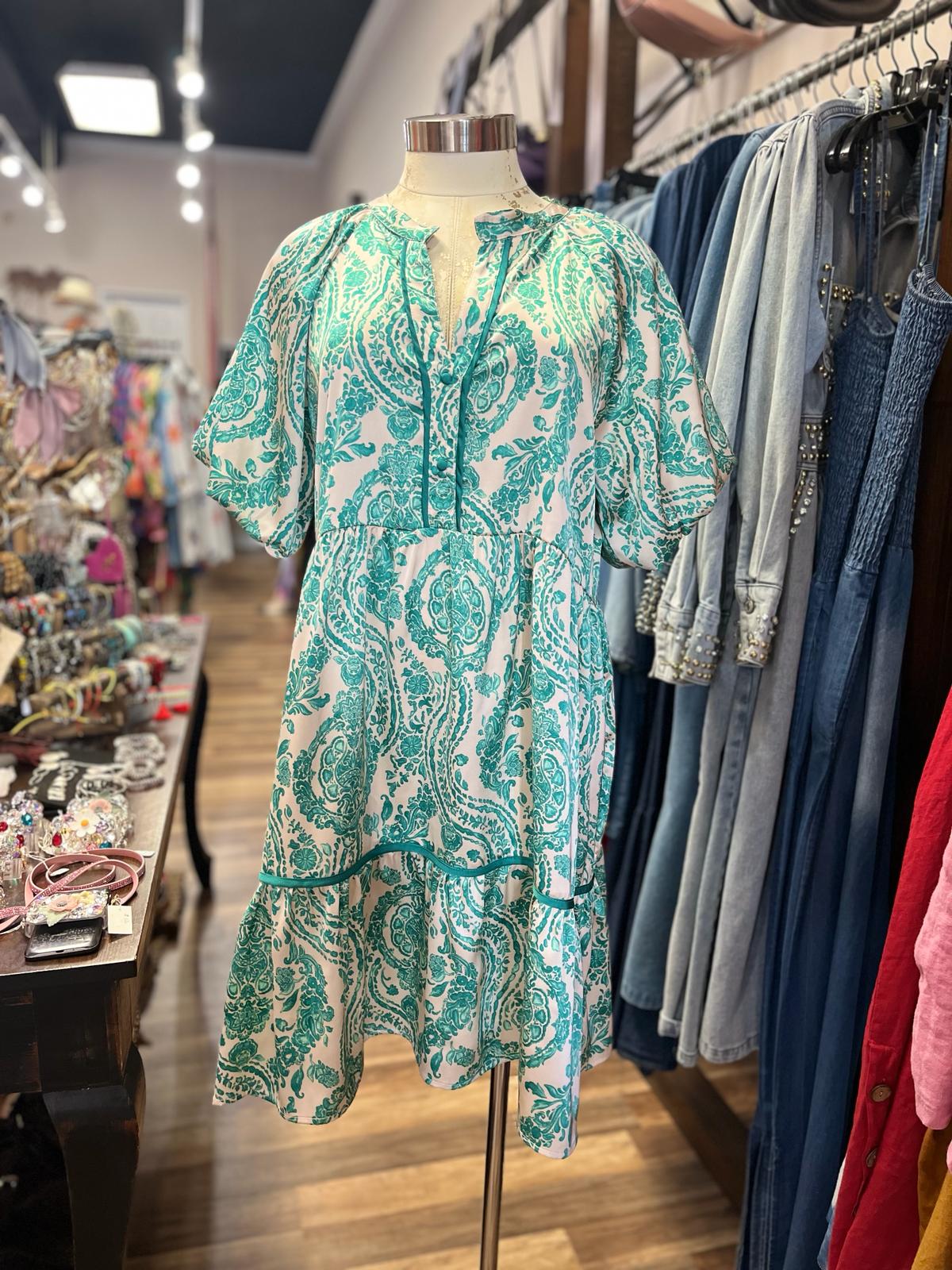 TEAL AND WHITE PATTERN DRESS