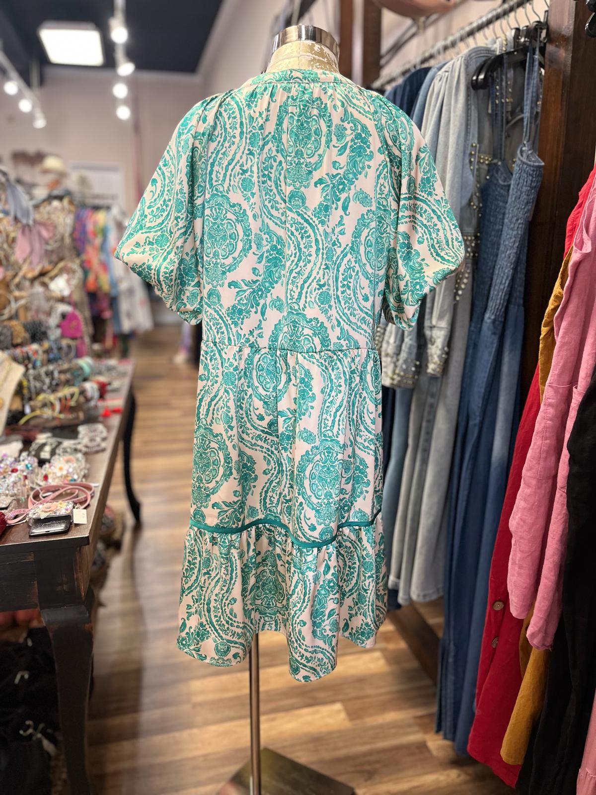 TEAL AND WHITE PATTERN DRESS