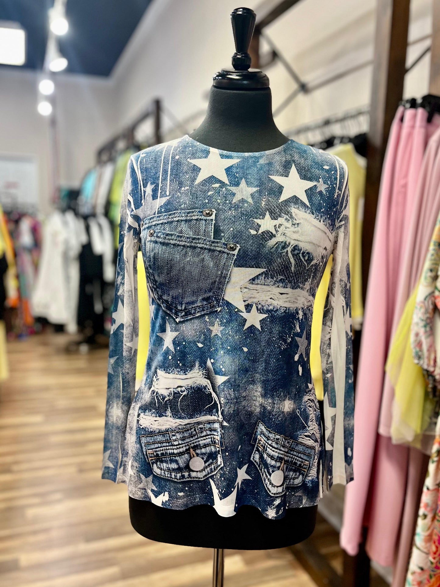Long-Sleeved Mesh Denim Top