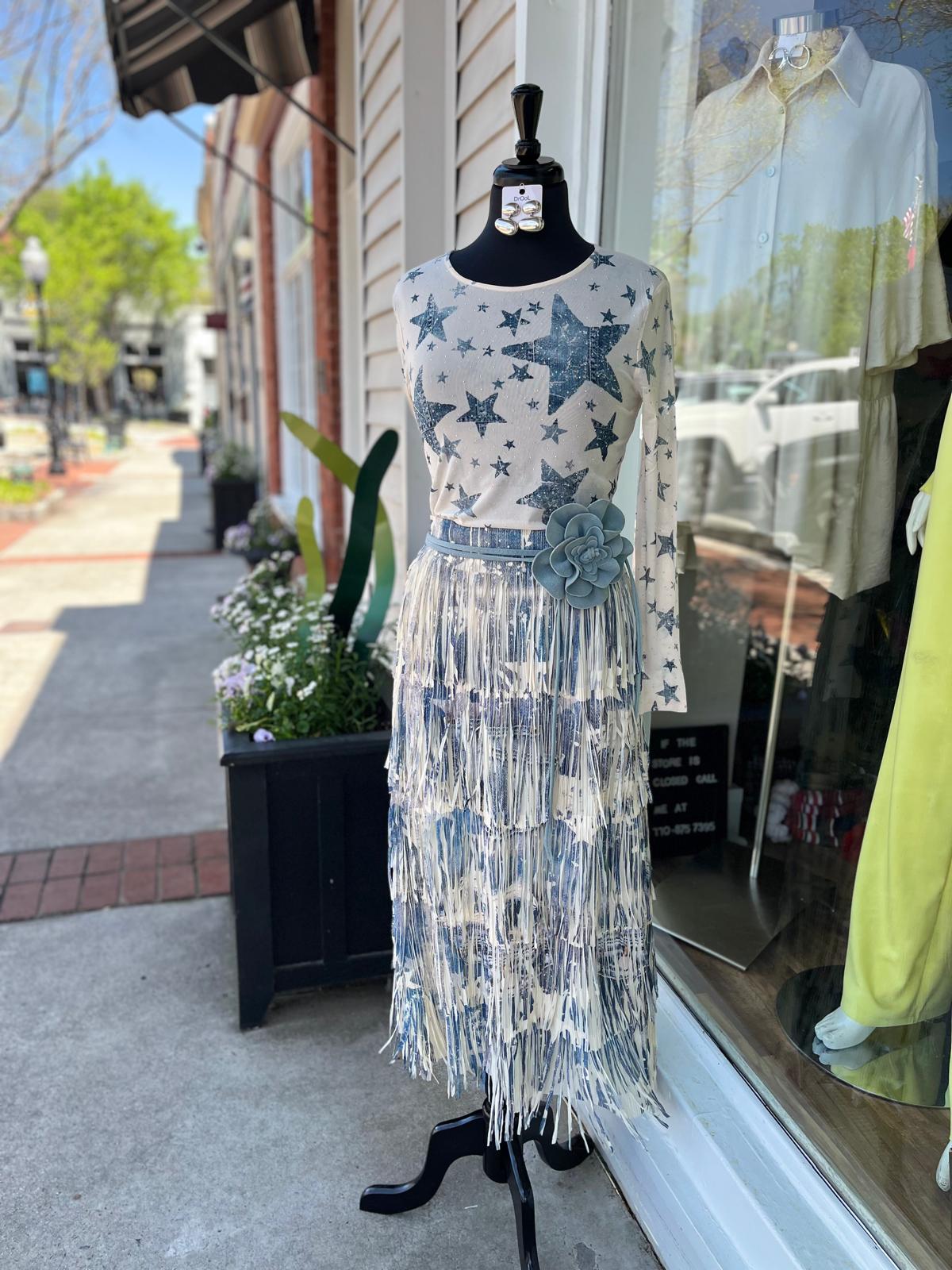 Long-Sleeved Mesh Blue Star Top With Sparkly Details