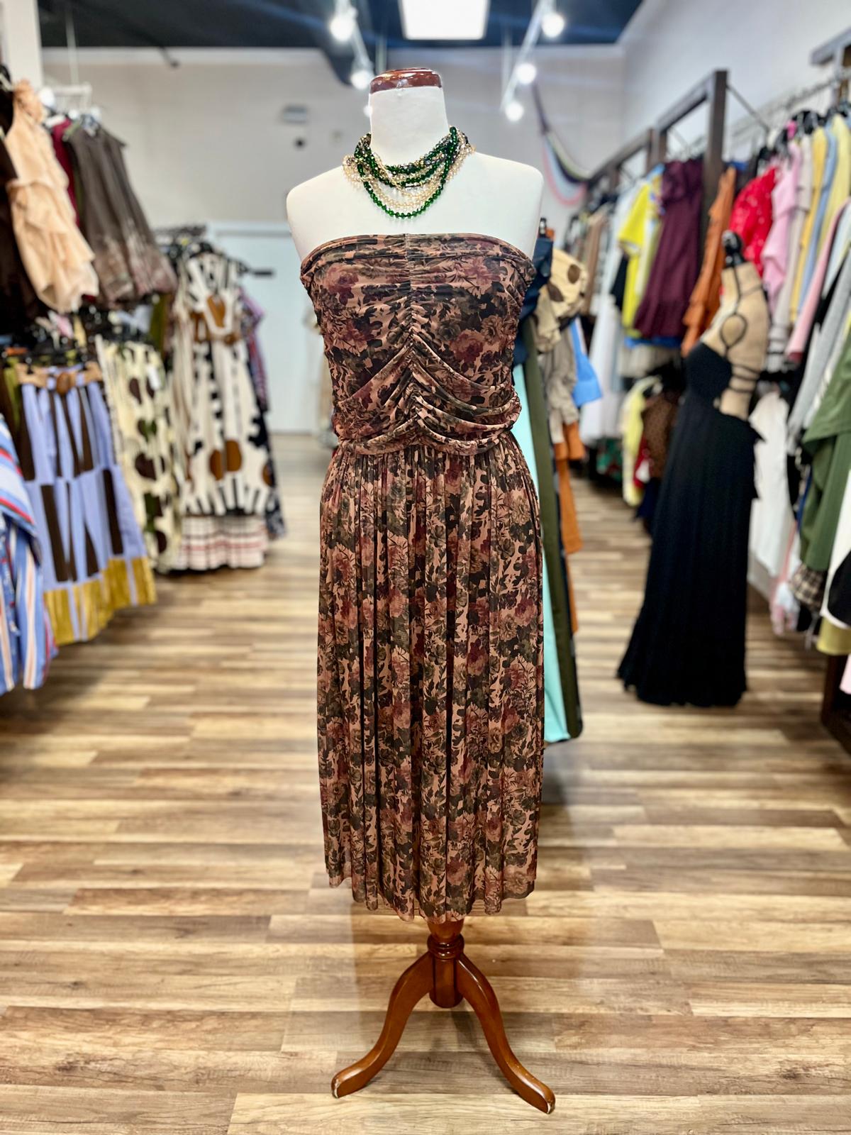 Strapless Floral Midi Dress
