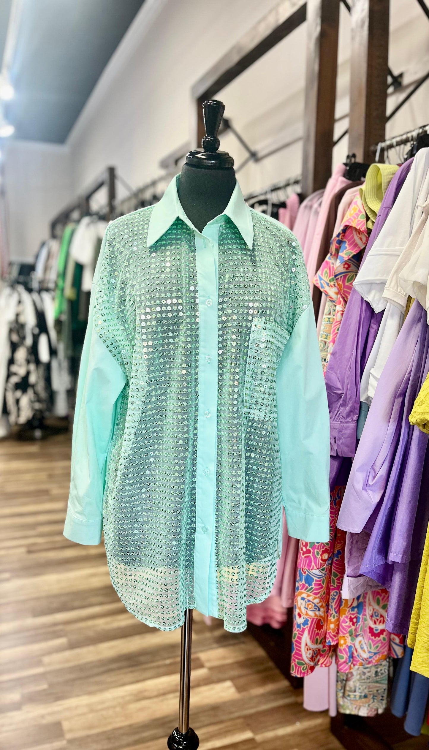 Mint Sequin Button-Up Shirt