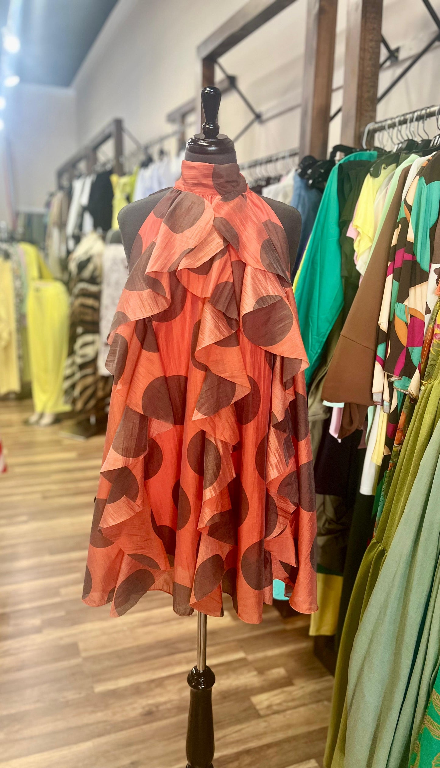 High-Neck Dress Ruffles and Polka Dots