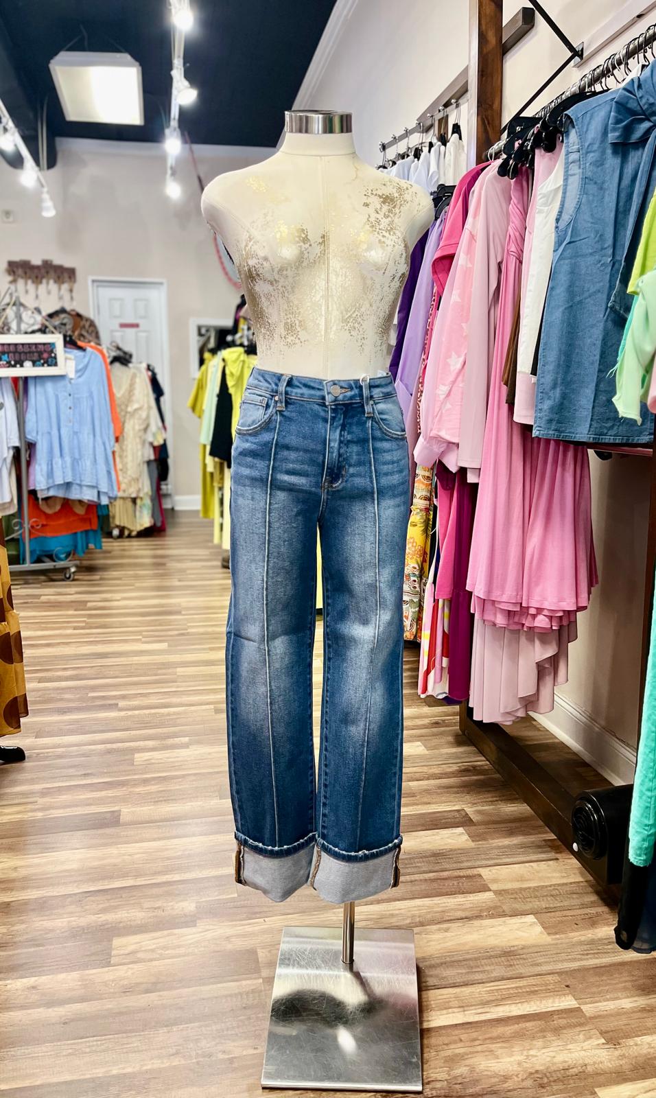 Wide-Leg Cuffed Jeans