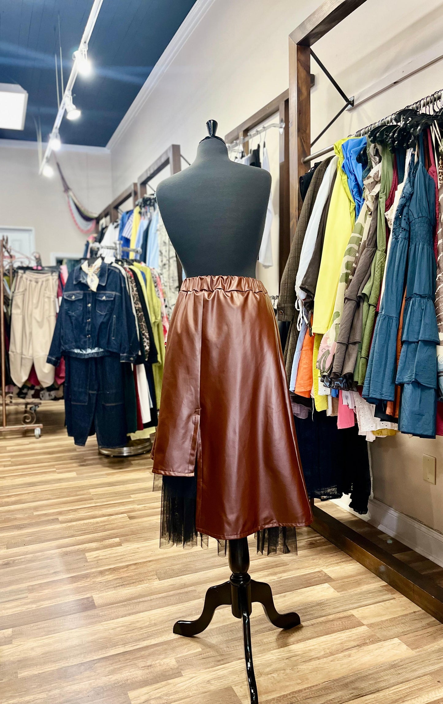 Faux Leather Asymmetrical Midi Skirt With Tulle Hem