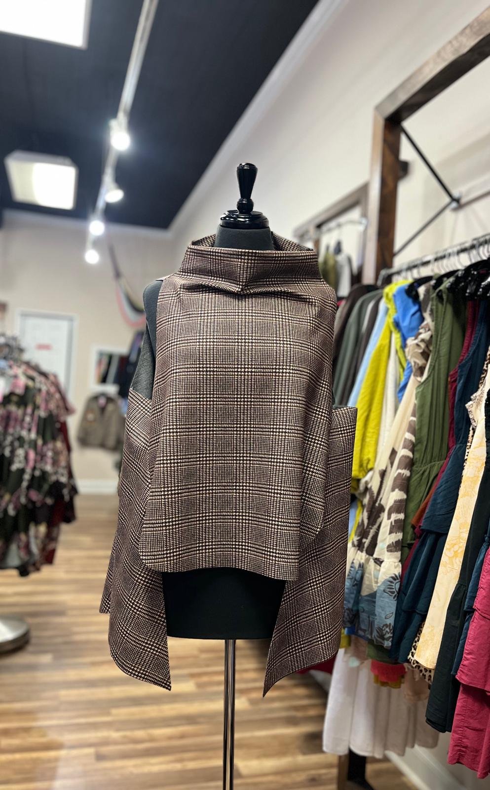 Houndstooth High-Neck Cape Top