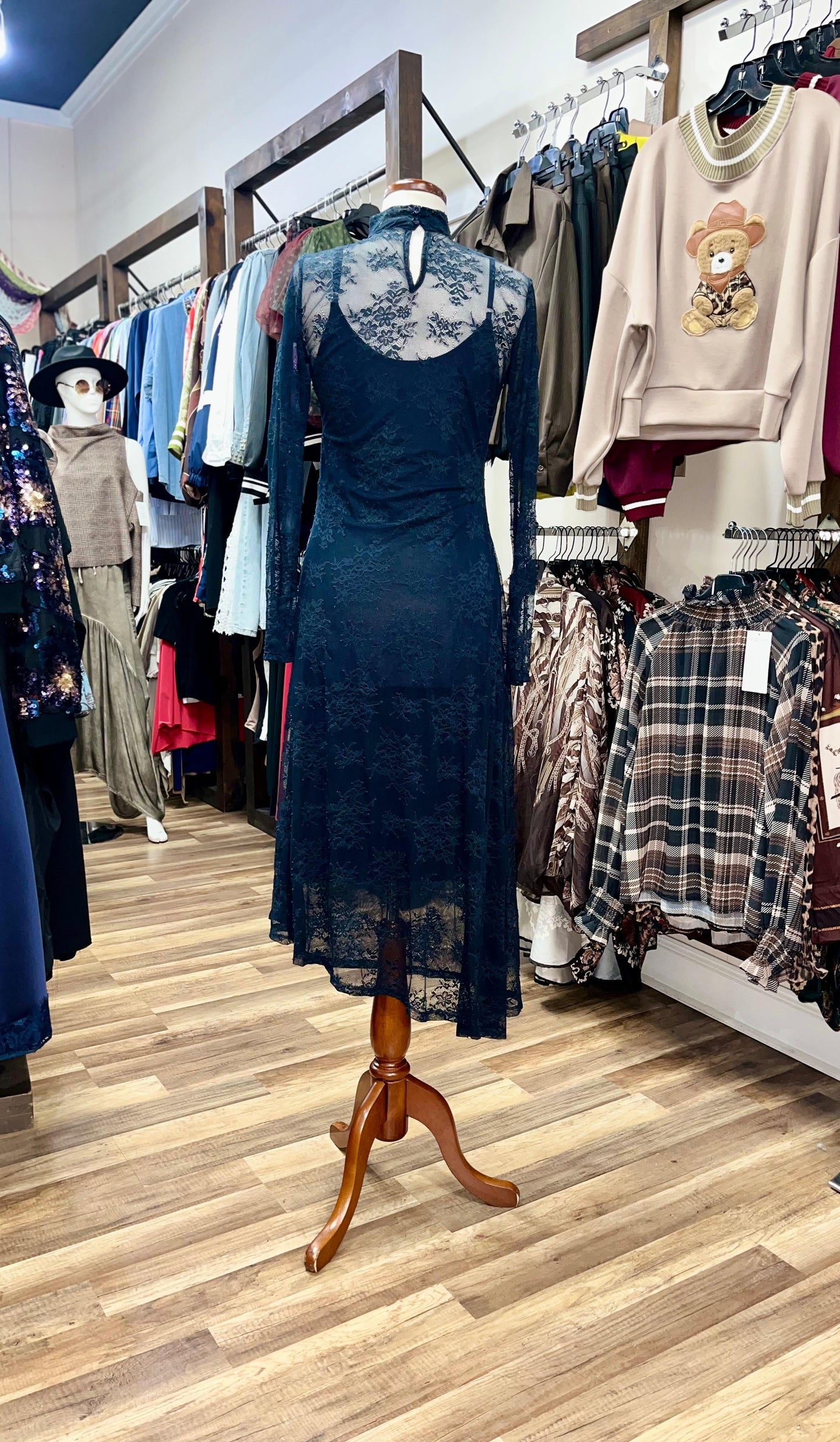 Long Sleeve High-Neck Lace Midi Dress