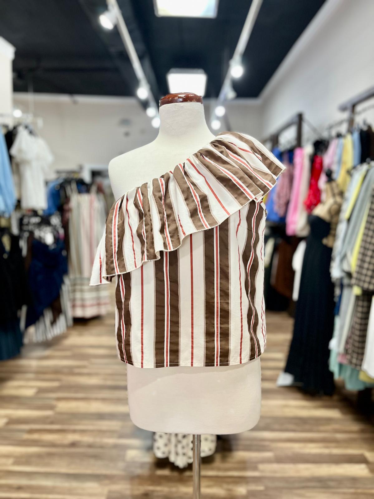 One-Shoulder Ruffle Stripe Top