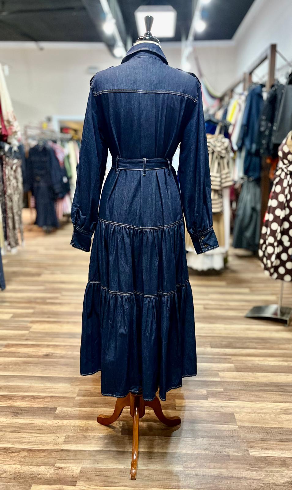 Belted Denim Maxi Dress