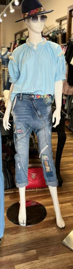 FLOWER PATTERN BLUE JEANS