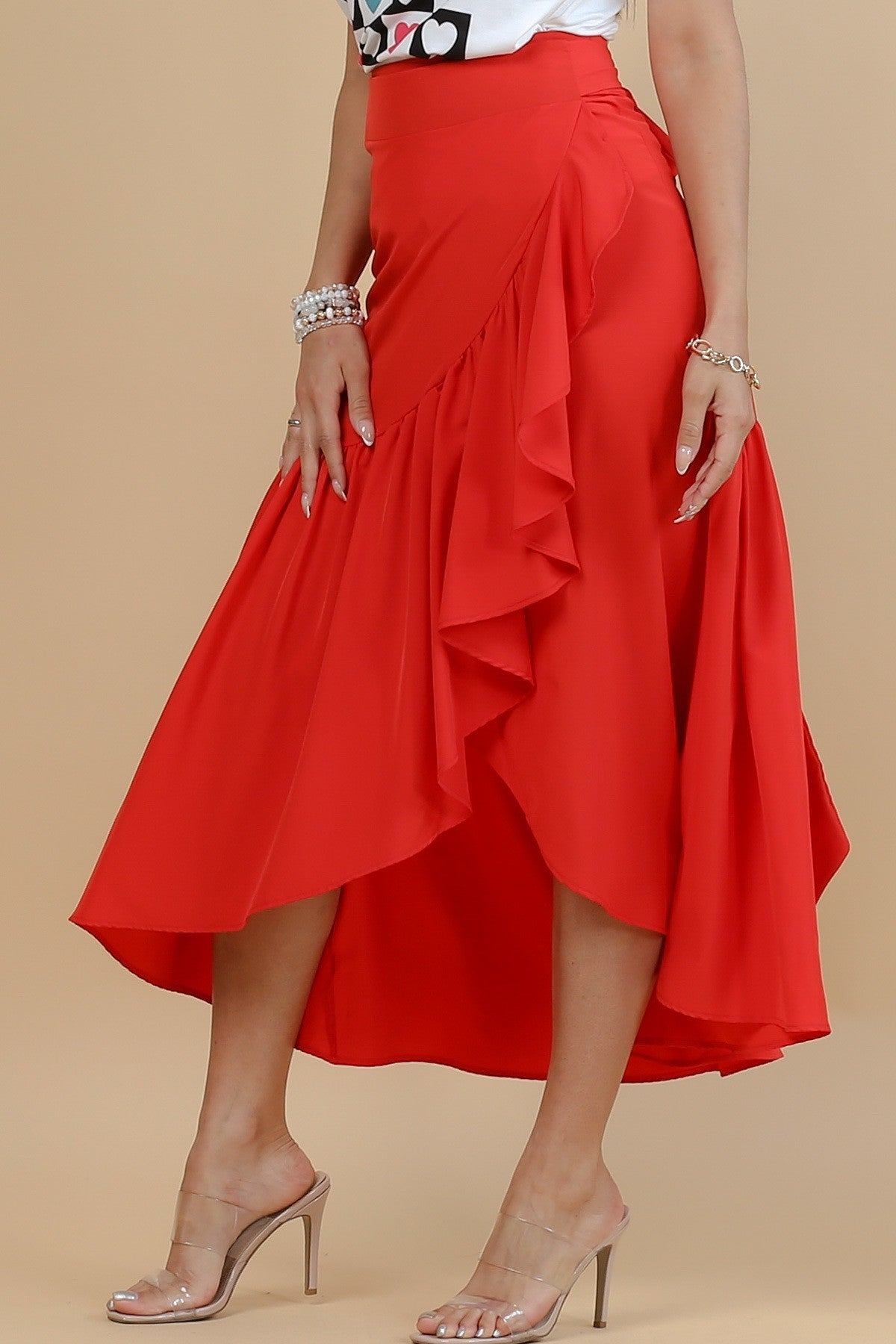 SOLID FABRIC BELTED LONG SKIRT