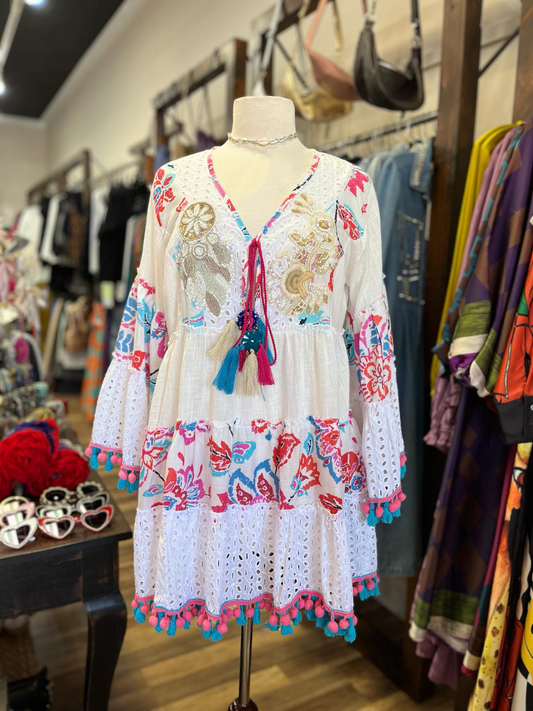 WHITE BOHO DRESS WITH COLORFUL DETAILS