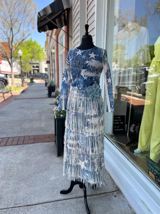 Long-Sleeved Mesh Denim Top