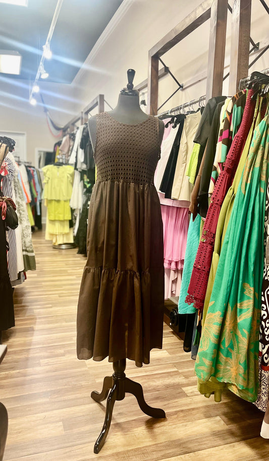 Chocolate Brown  Eyelet Tiered Maxi Dress