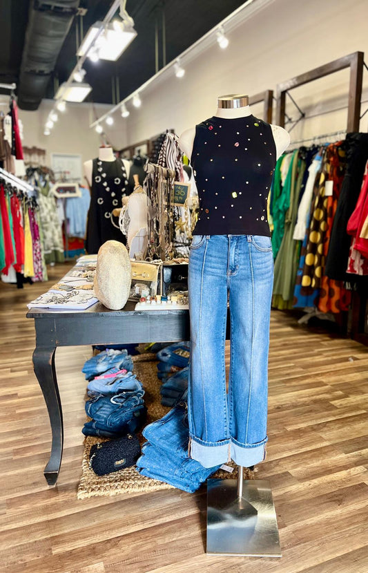 Wide-Leg Cuffed Jeans