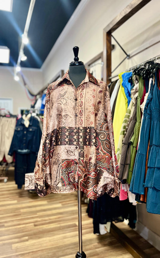 Paisley Satin Button-Down Shirt