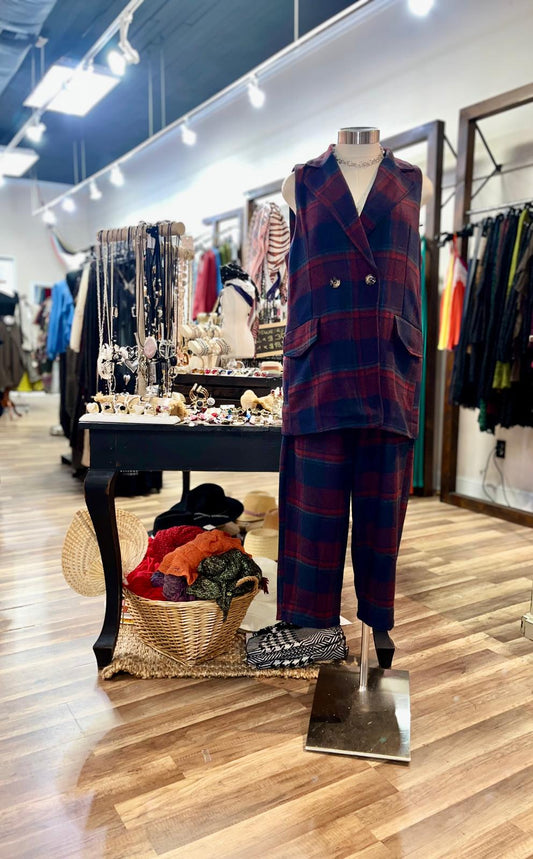 Plaid Sleeveless Blazer and Pant Set