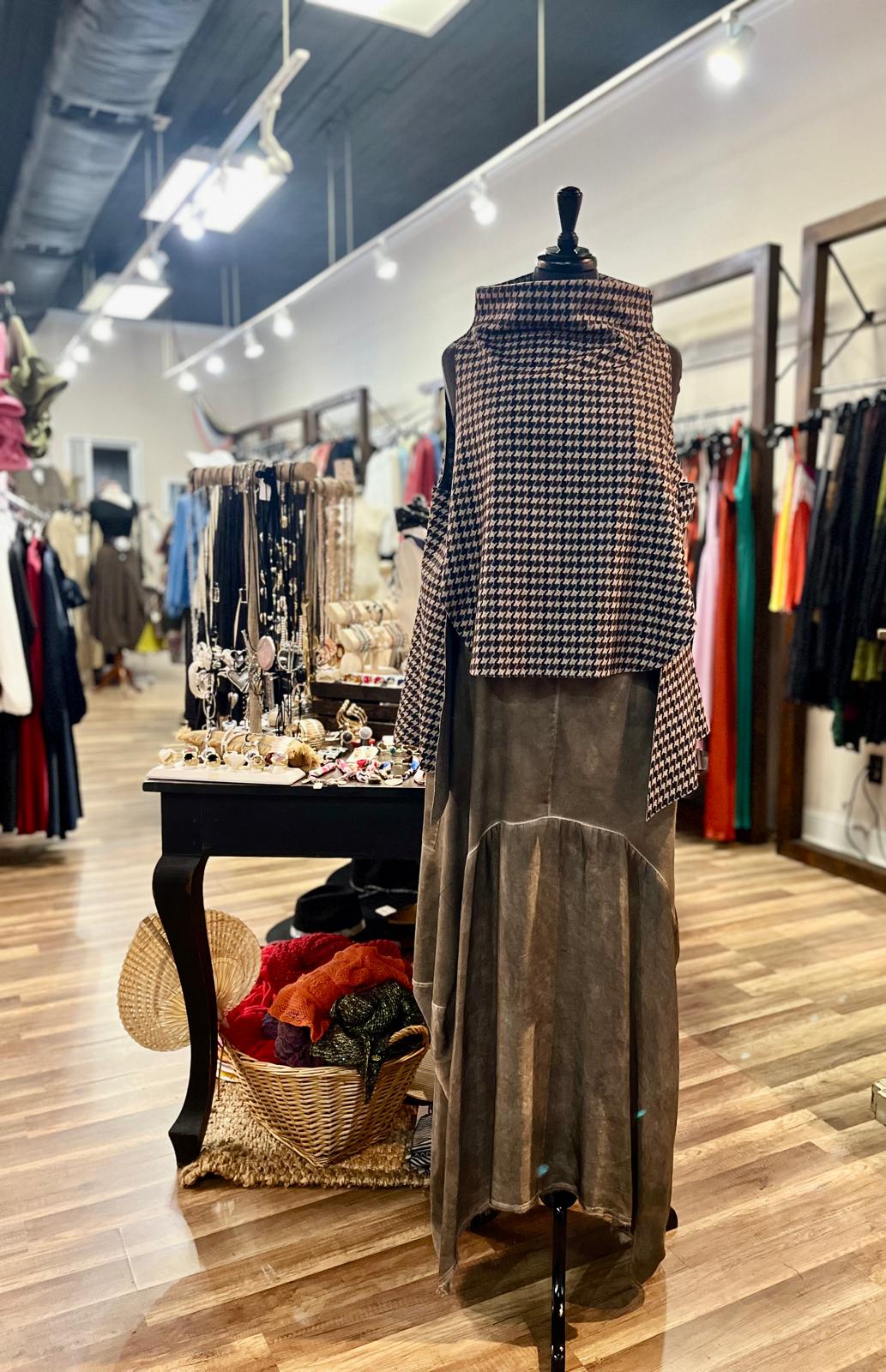 Houndstooth High-Neck Cape Top