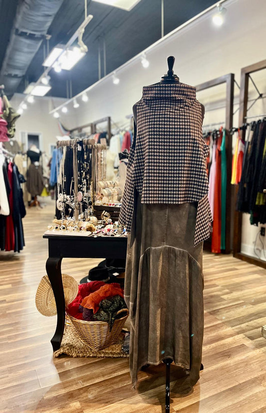 Houndstooth High-Neck Cape Top