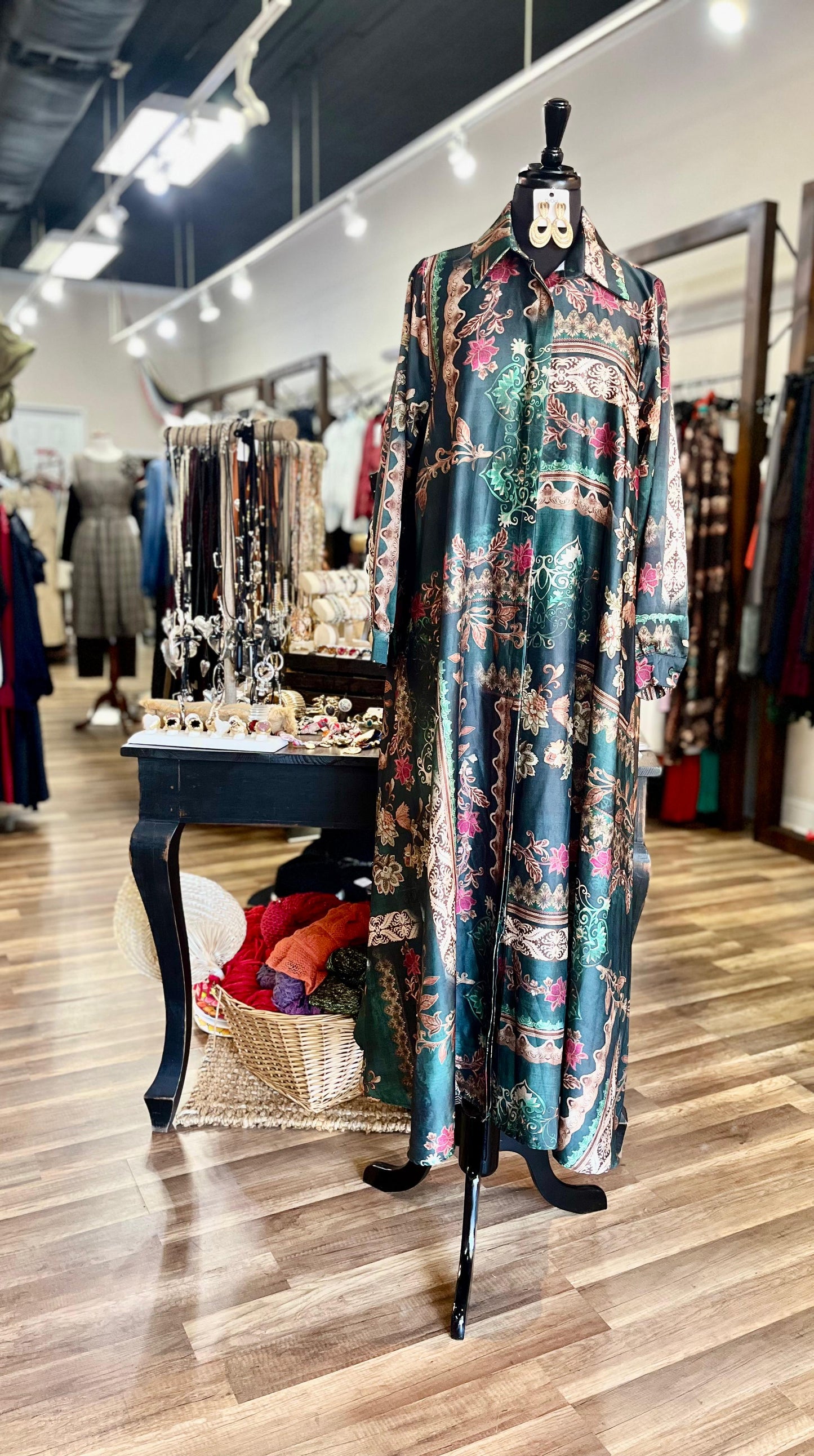 Boho Print Satin Maxi Shirt Dress