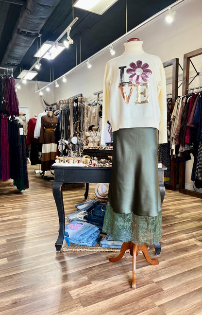 Satin Midi Slip Skirt with Lace Hem