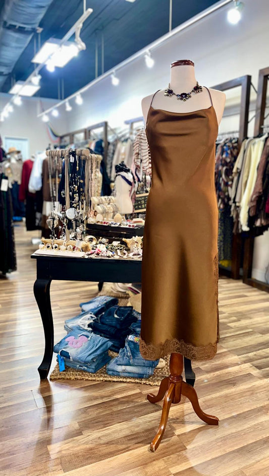 Satin Slip Dress with Lace Trim