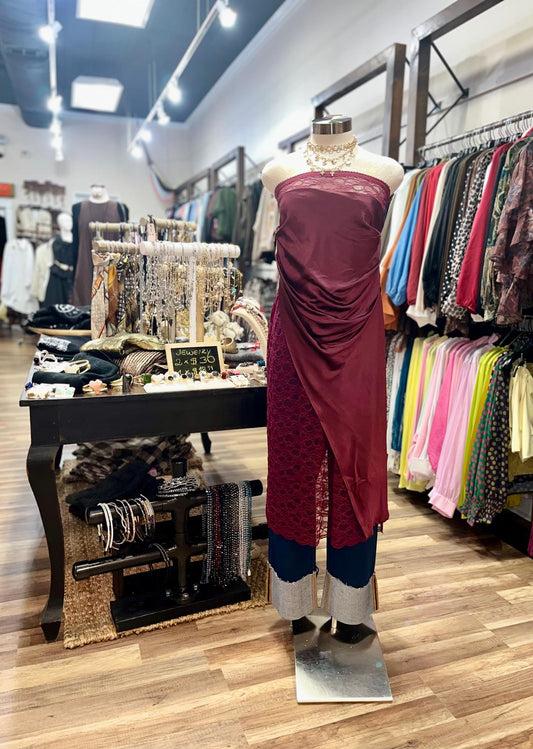 Strapless Draped Satin and Lace Midi Dress