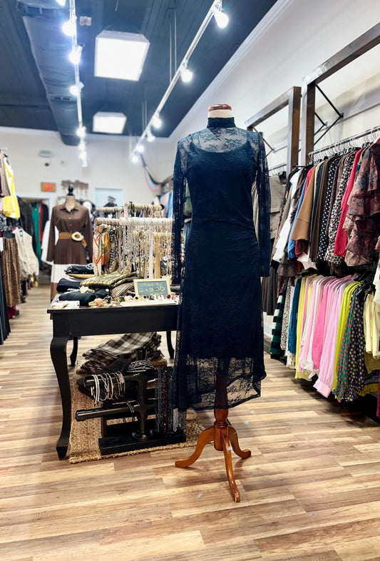 Long Sleeve High-Neck Lace Midi Dress