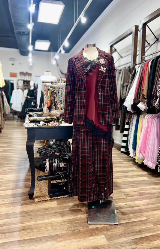 Plaid Blazer & Wide-Leg Pants Set