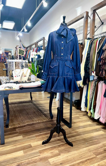 Denim Tie-Neck Ruffle Hem Dress