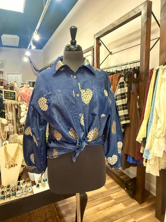 Heart Print Tie-Front Shirt