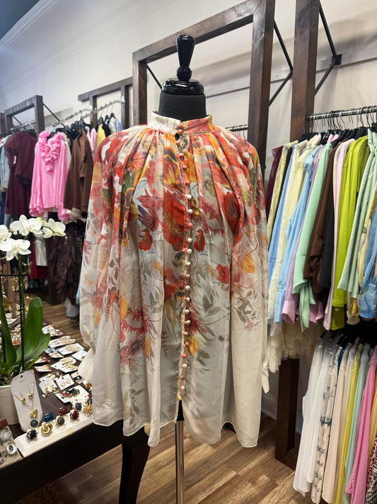 floral High-Neck Blouse