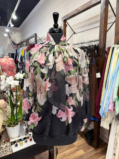 Sheer Floral Bow-Neck Blouse