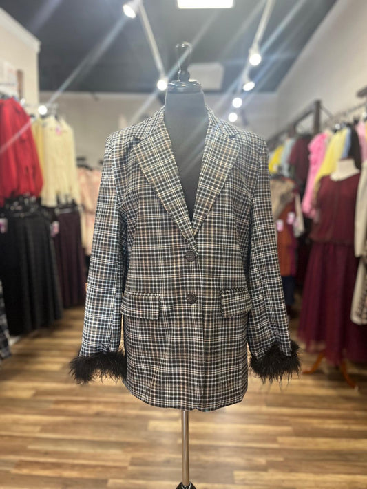 Plaid Blazer Feather Cuffs
