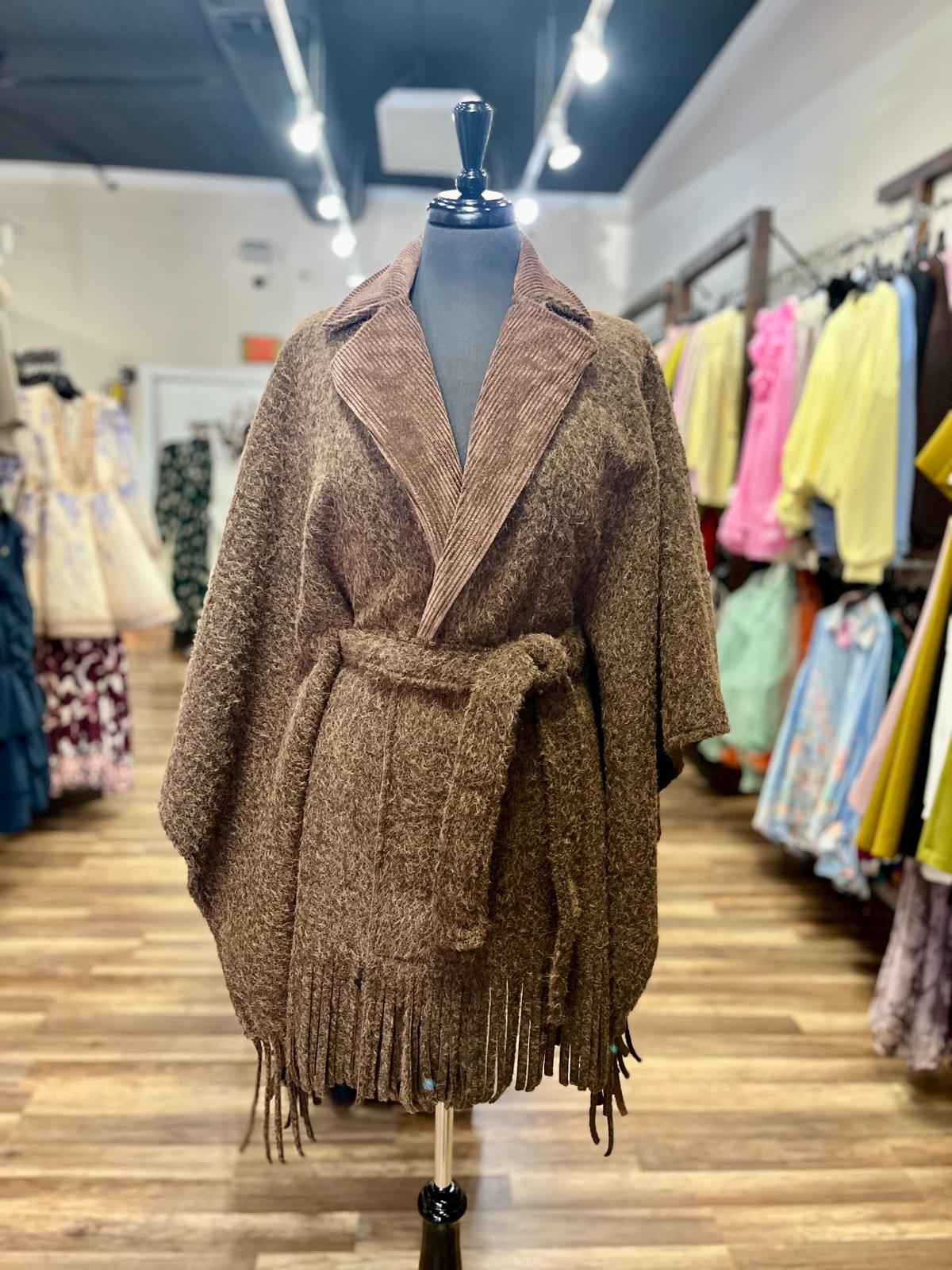 Fringe Belted Poncho Coat