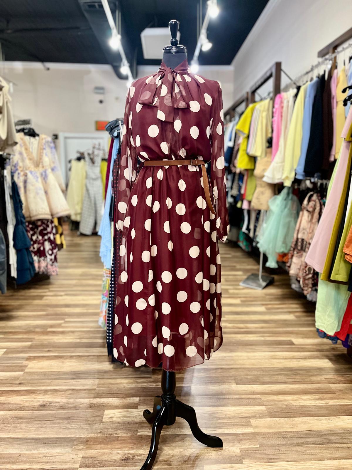 Polka  Dot Tie-Neck Midi Dress