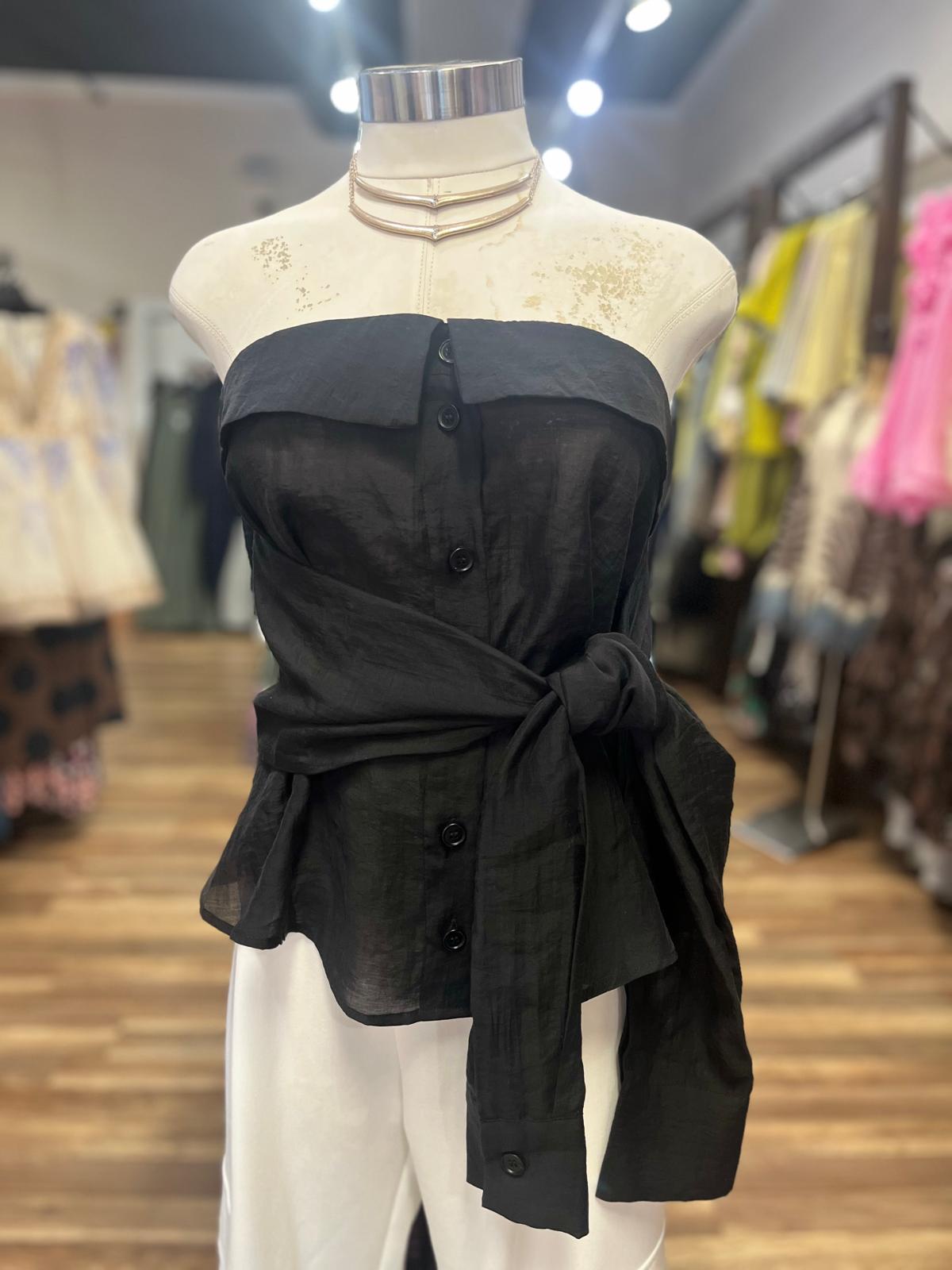 Strapless Button-Front Tie-Waist Top