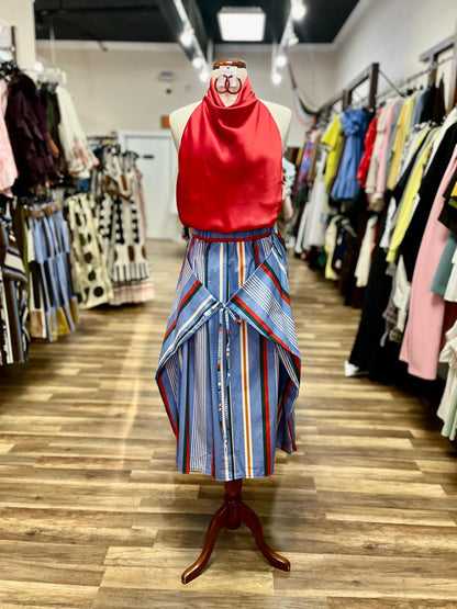 Striped Tie-Front Midi Skirt