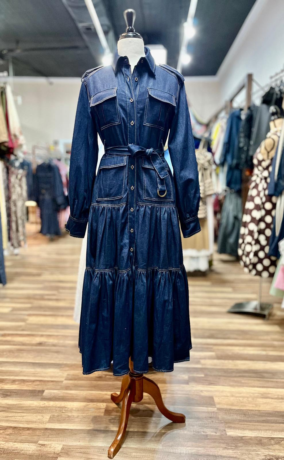 Belted Denim Maxi Dress