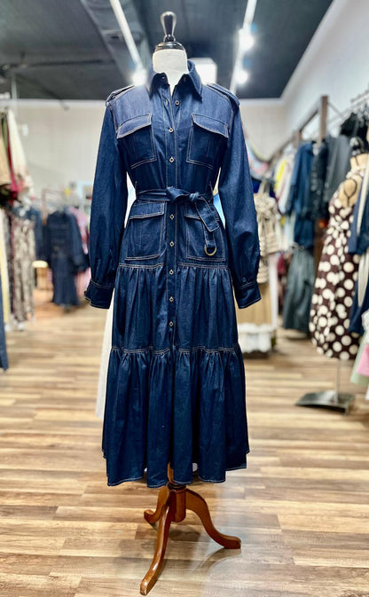 Belted Denim Maxi Dress