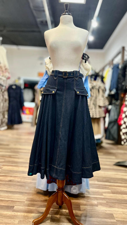 Belted Denim Midi Skirt