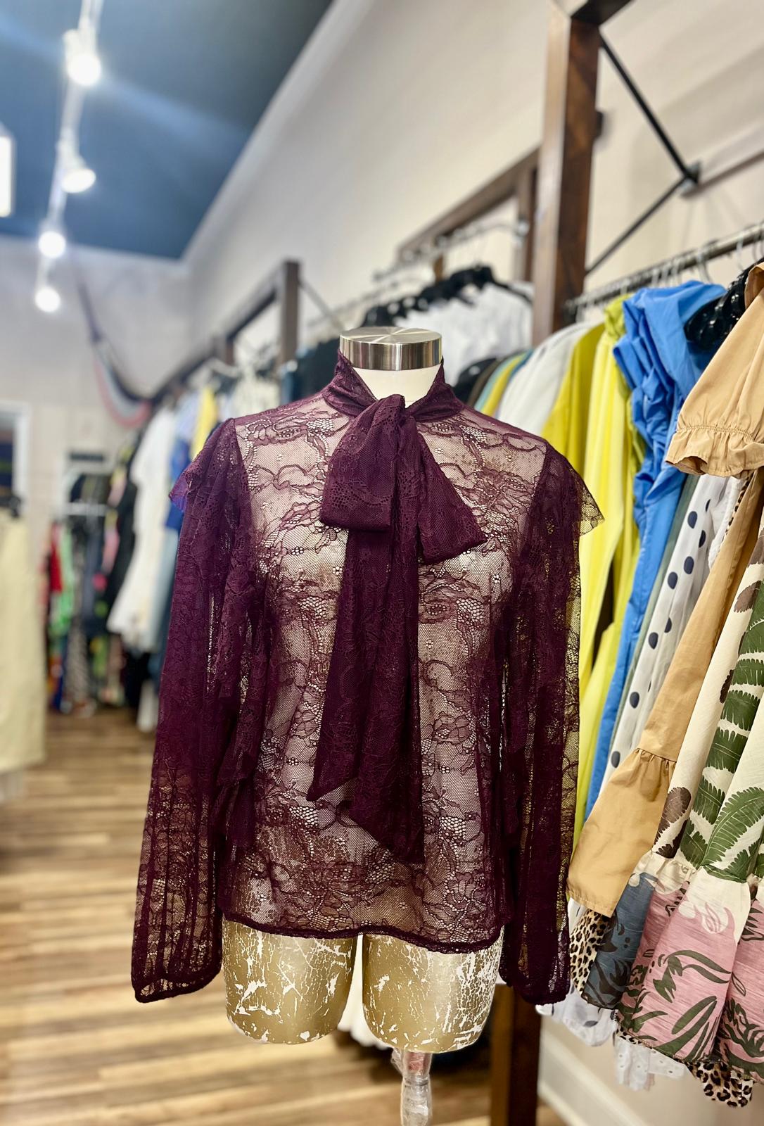Sheer Lace Tie-Neck Blouse