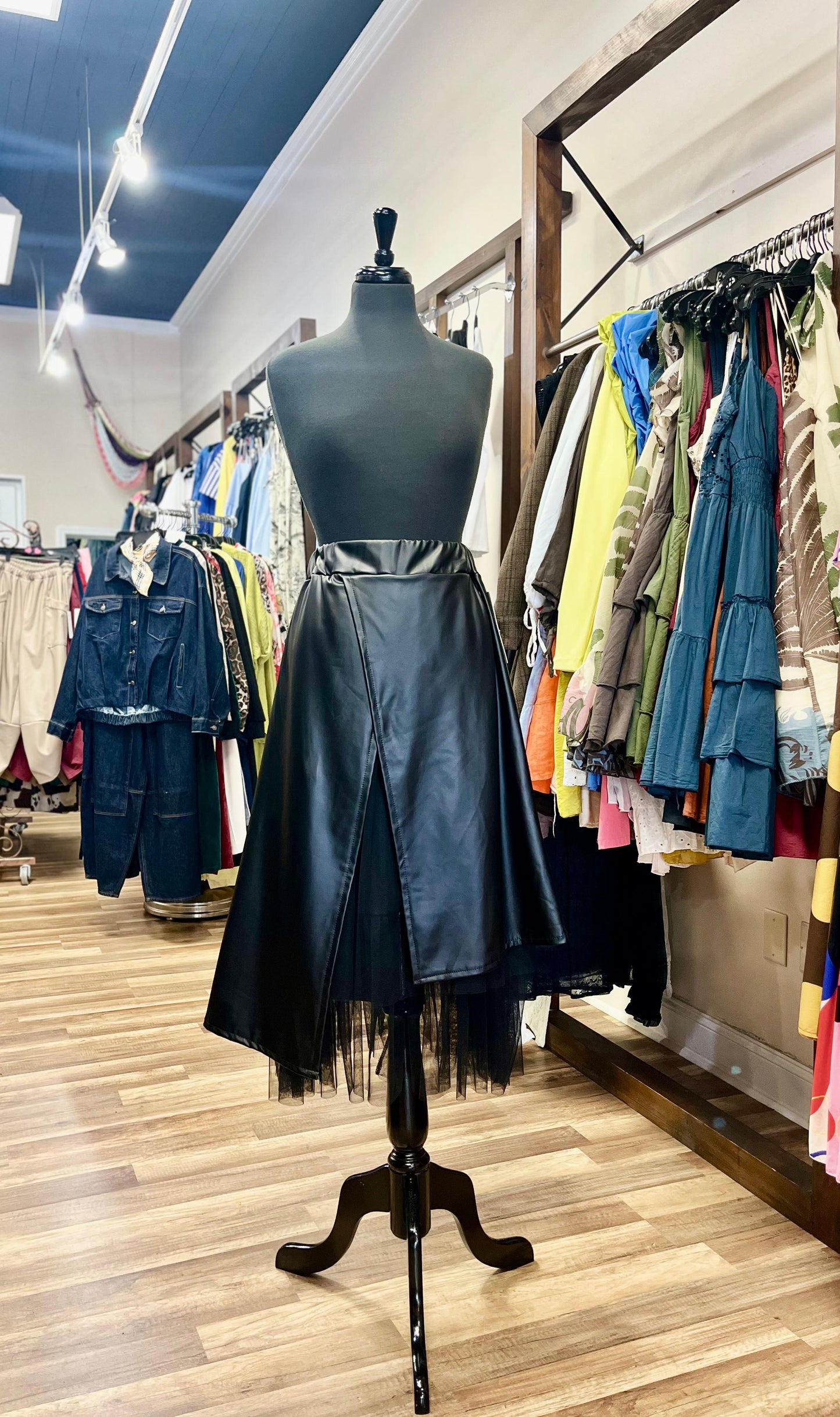 Faux Leather Asymmetrical Midi Skirt With Tulle Hem