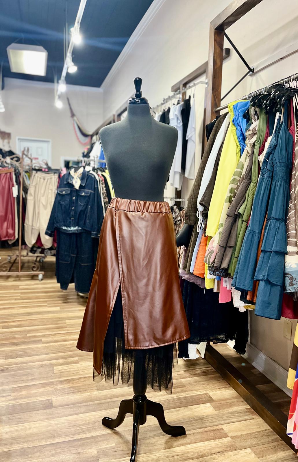 Faux Leather Asymmetrical Midi Skirt With Tulle Hem