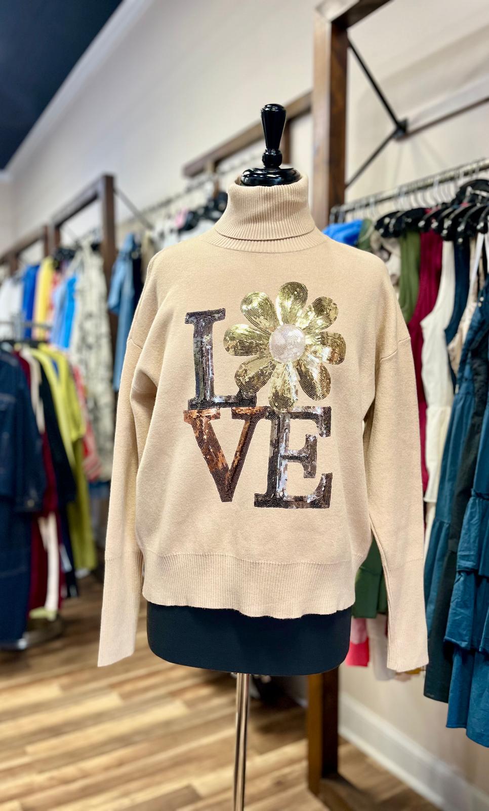 Sequin Flower Love Turtleneck Sweater