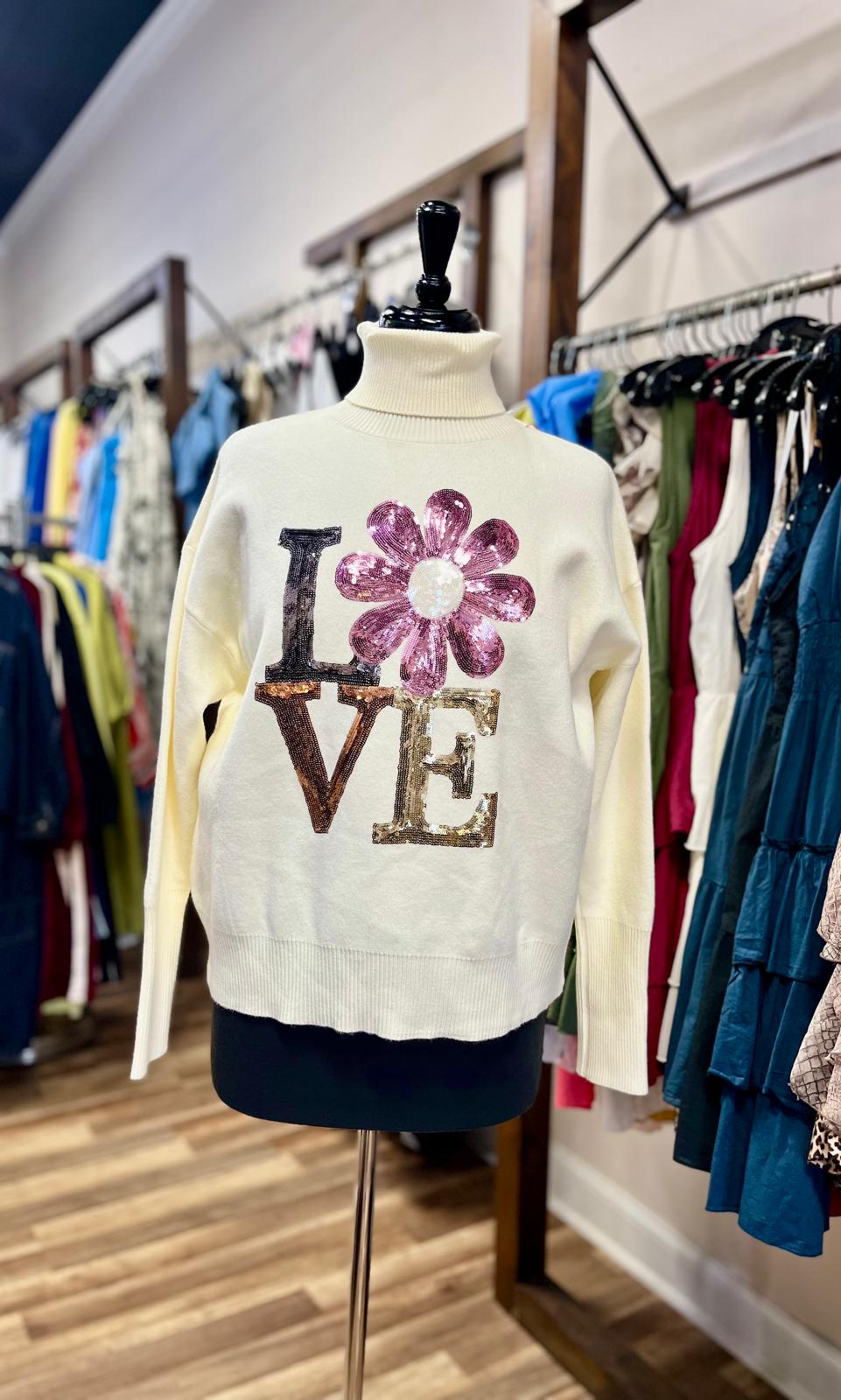 Sequin Flower Love Turtleneck Sweater