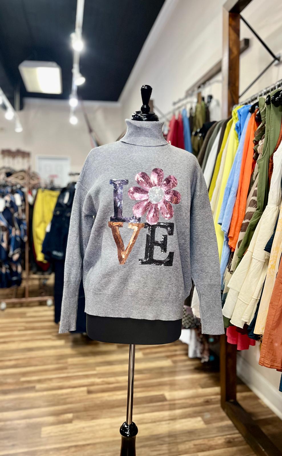 Sequin Flower Love Turtleneck Sweater