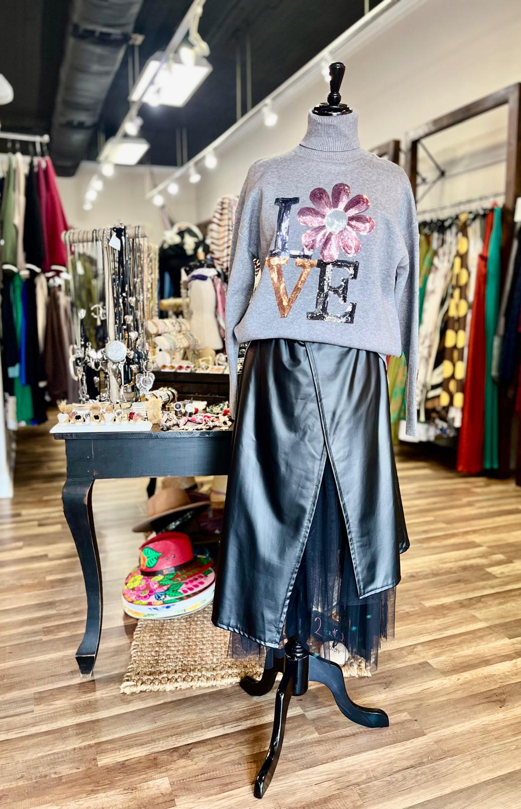 Sequin Flower Love Turtleneck Sweater