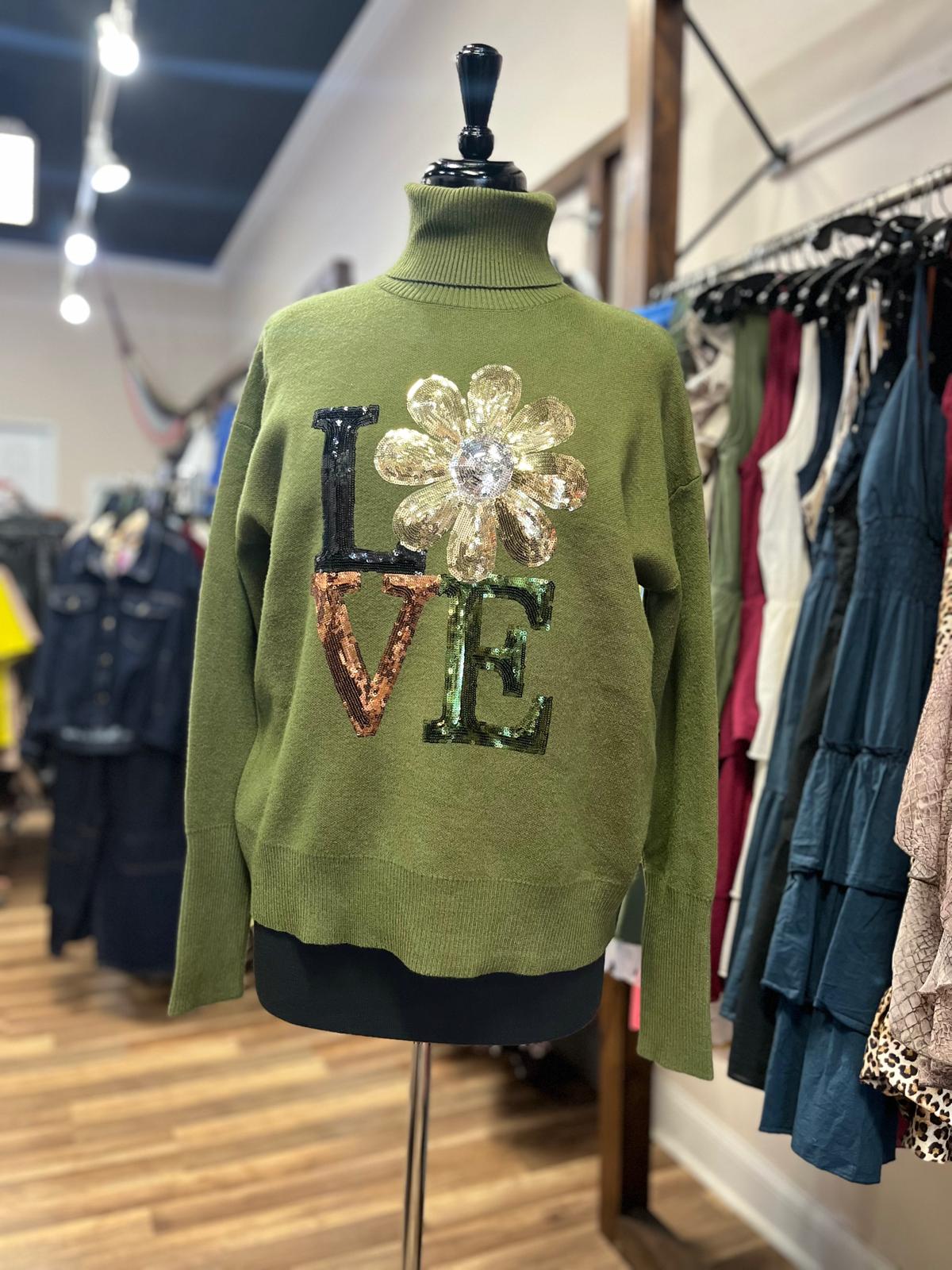 Sequin Flower Love Turtleneck Sweater